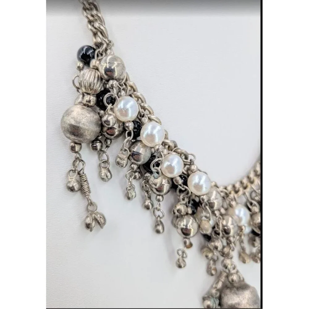 Statement Bib Necklace Silver Tone Faux Pearl Black Bead Cha Cha Charm 19 Inch